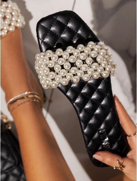 

summer pearl pu women's shoes half slippers female outer wear faux inlaid flat sandals, Black