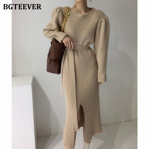 

vintage women split long sweater dress autumn winter o-neck full sleeve lace-up knitted 2021 package hip vestidos casual dresses, Black;gray