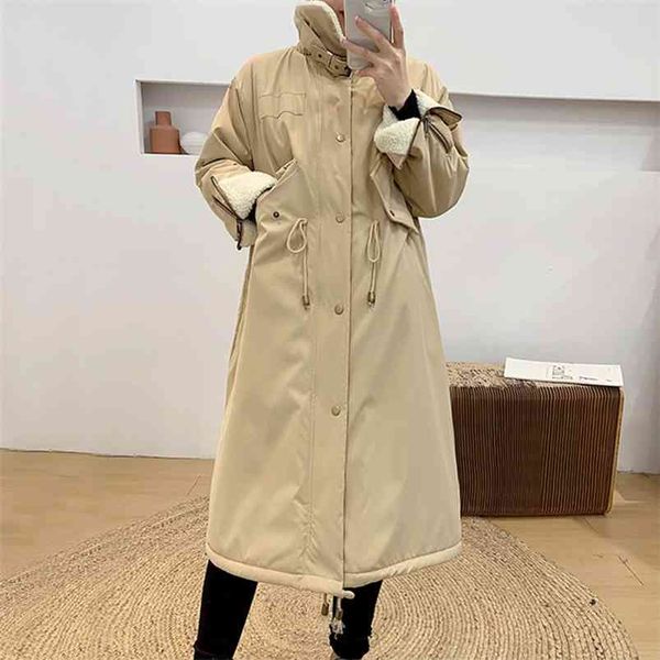 Kış Lambswool İç Astar Pamuk Uzun Ceket Kadın Rahat Boy Dış Giyim Vintage Stil Gevşek Kalın Sıcak Kar Ceket 210430