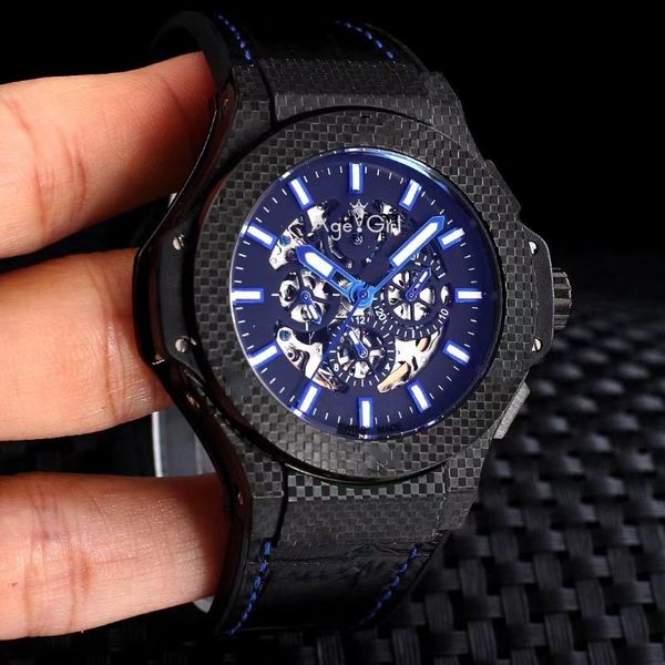 

wristwatches luxury men automatic mechanical full black watch carbon fiber leather rubber sapphire glass back luminous watches, Slivery;brown