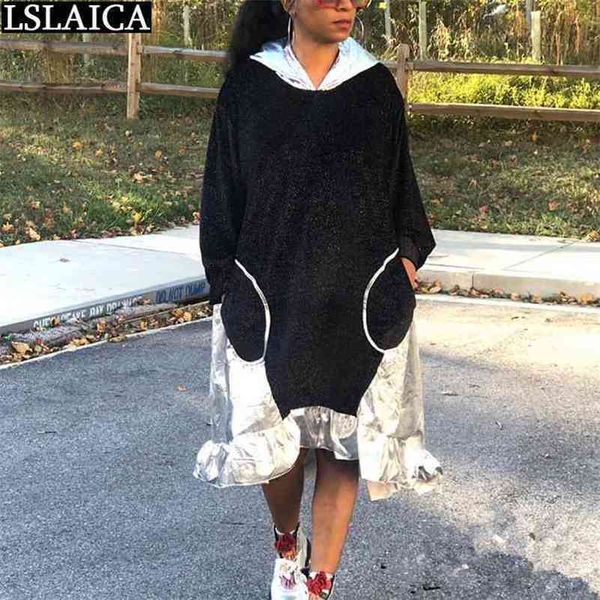 

casual dress for women stitching bronzing cloth ruffled hooded fashion color matching pocket kobieta sukienka 210515, Black;gray