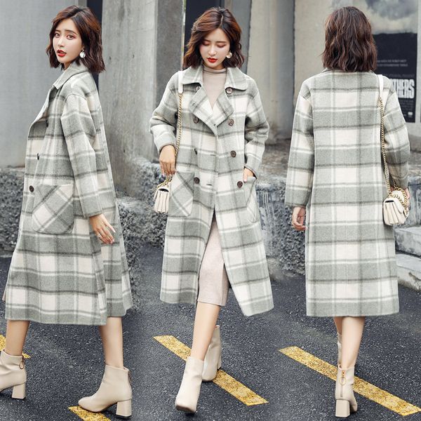 

sweet plaid long coat for women wide-waisted wool coat and jacket turn-down collar pockets women clothes, Black