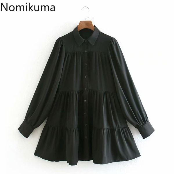 

nomikuma chic solid color dress women turn down collar long sleeve casual loose mini dresses female vestidos mujer 210514, Black;gray