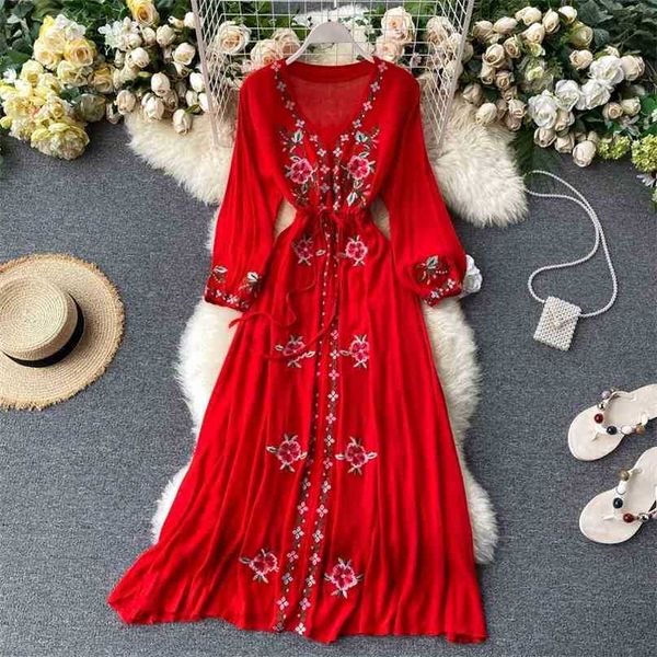 

women vintage dress spring summer long puff sleeve v neck robe ladies floral embroidery dresses vestidos 210525, Black;gray