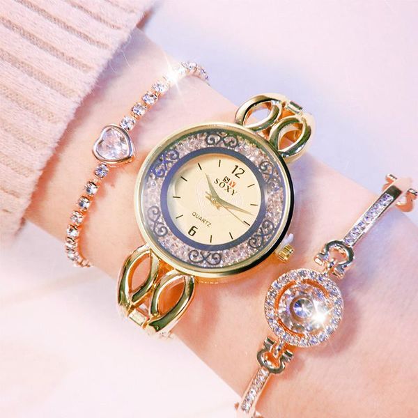 

female wristwatches fashion design women's watch stainless band ladies heart shape pattern crystal quartz dress montre femme, Slivery;brown