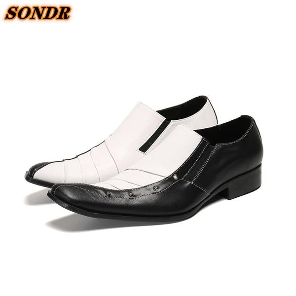 

dress shoes white and black men genuine leather square toe rivets slip on korean style for business zapato de boda