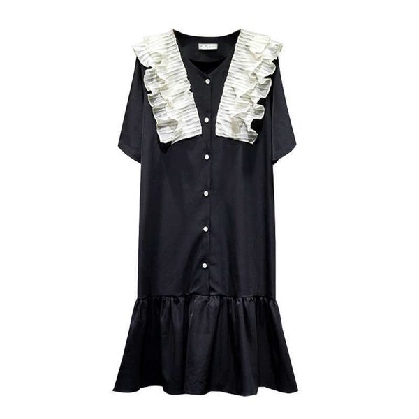 

perhaps u women black green v neck button ruffle patchwork knee length sweet dress d1166 210529, Black;gray