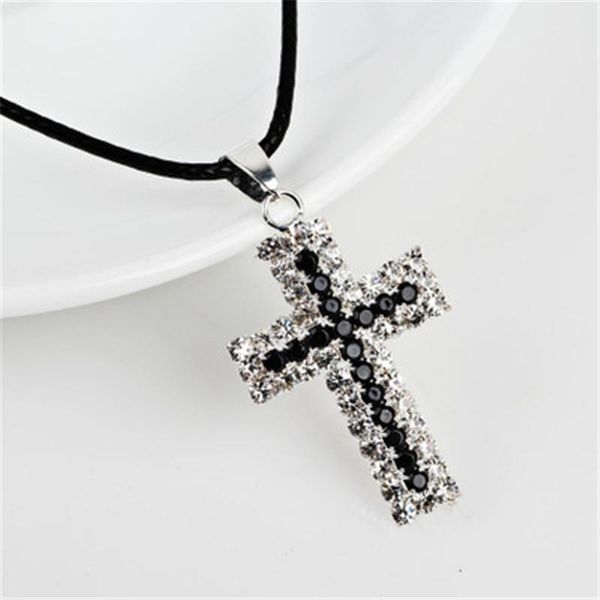 

pendant necklaces bling rhinestone jesus cross for women paved crystal silver colour necklace with leather rope jewelry men's