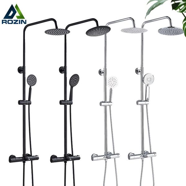 

rozin thermostatic shower faucet black and chrome color rainfall bathroom fuacet wall mounted set with handshower mixers sets
