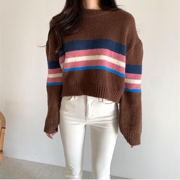

chic patchwork striped crewneck sweaters elegant knitted comfort soft pullovers women's jumpers winter fashion, White;black