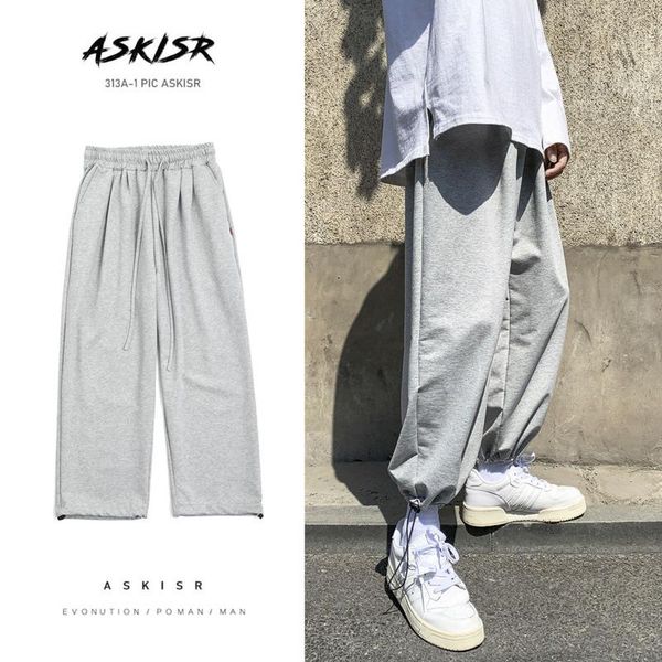 

cotton sweatpants men's fashion solid color casual pants men streetwear wild loose drawstring straight mens track, Black