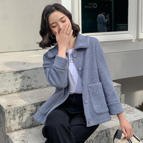 

women's fur & faux amb wool coat 2021 autumn and winter casual fashion short korean loose comfortable one-piece ladies lamb, Black