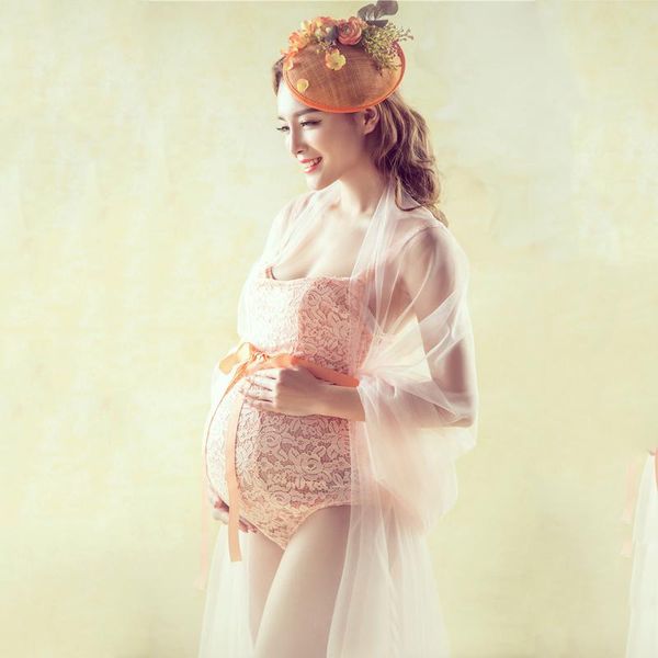

maternity dresses maternity-pography-props 3pcs lace clothes for po shoot strap jumpsuit+ headdress+veil vintage, White
