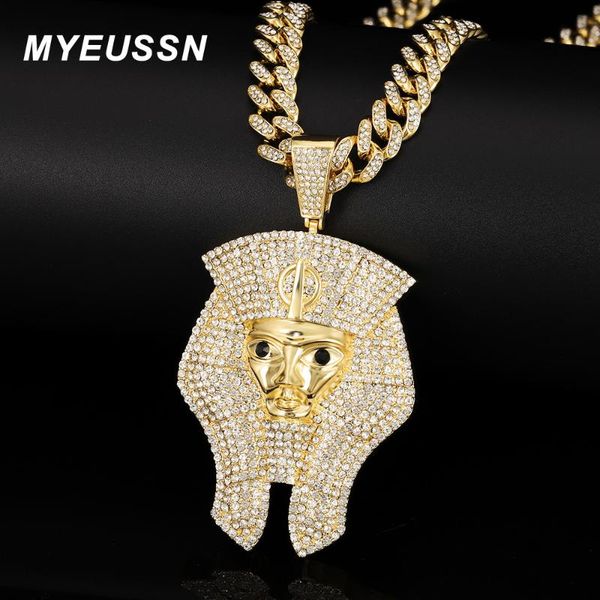 

pendant necklaces pharaoh head necklace men iced out shining crystal charm chain with cuban gold color hip hop jewelry, Silver