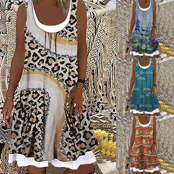 

casual fashion round neck women dress print summer plus size sleeveless splicing daily robe femme, Black;gray