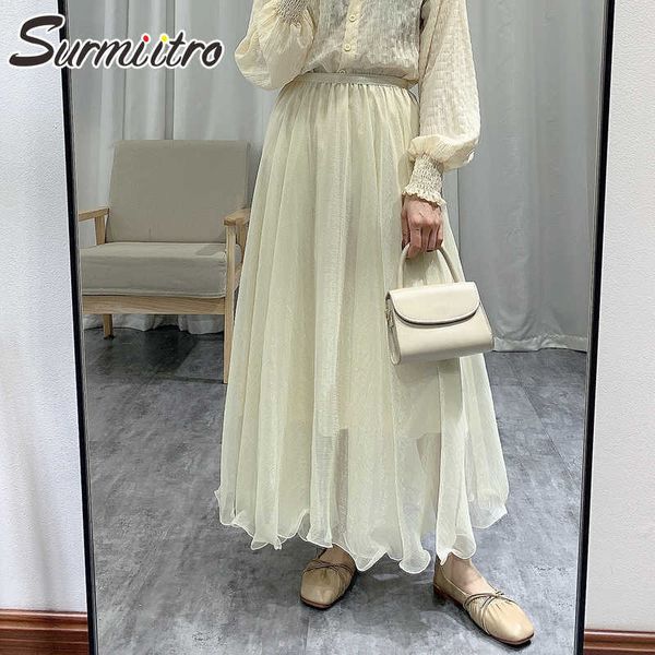

surmiitro spring summer shinny long tulle skirts women elegant korean style aesthetic high waist midi pleated skirt female 210712, Black