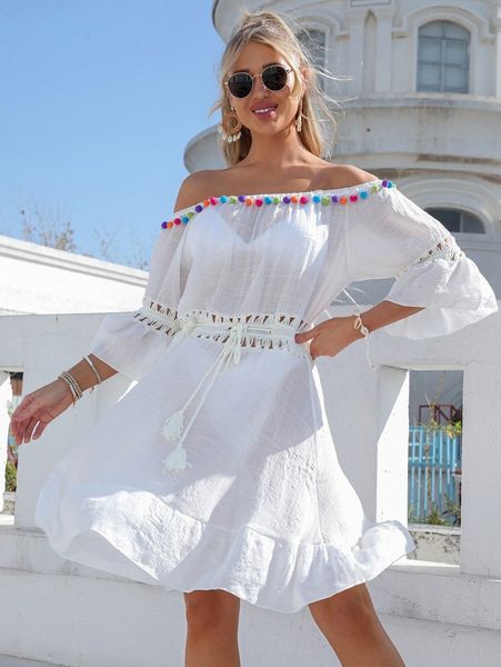 

ruffle hem pom-pom trim bardot cover up j5nn#, White;black