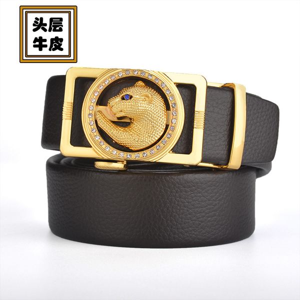 

grade diamond inlaid leopard auto buckle head layer leather fashion belt, business leisure korean trouser belt, Black;brown