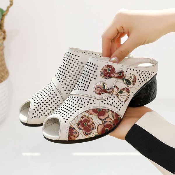 

genuine leather slides women summer casual shoes flower slippers thick heel 2021 lady high hallow for, Black