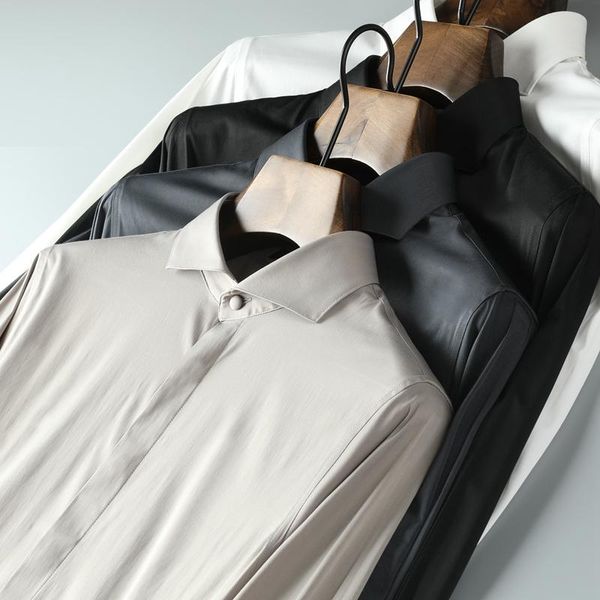 

men's casual shirts 2021, soft, silky, fall, long sleeve, slim shirt, solid color, White;black
