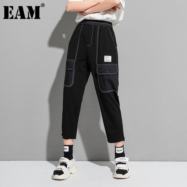 

[eam] black pockets high elastic waist trousers loose fit harem calf-length pants women fashion spring summer 1dd8100 210512, Black;white