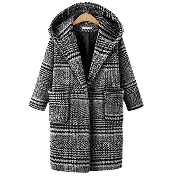 

women's wool & blends autumn/winter classic retro loose houndstooth coat hooded pocket long sleeve cute fur ball warm office street cas, Black