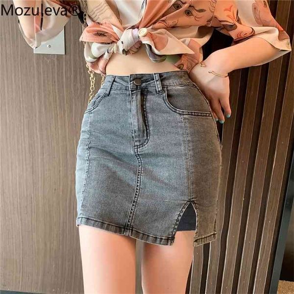 

summer small open fork high elastic waist hip bust denim skirts above knee, mini button solid blue woman jeans 210416, Black