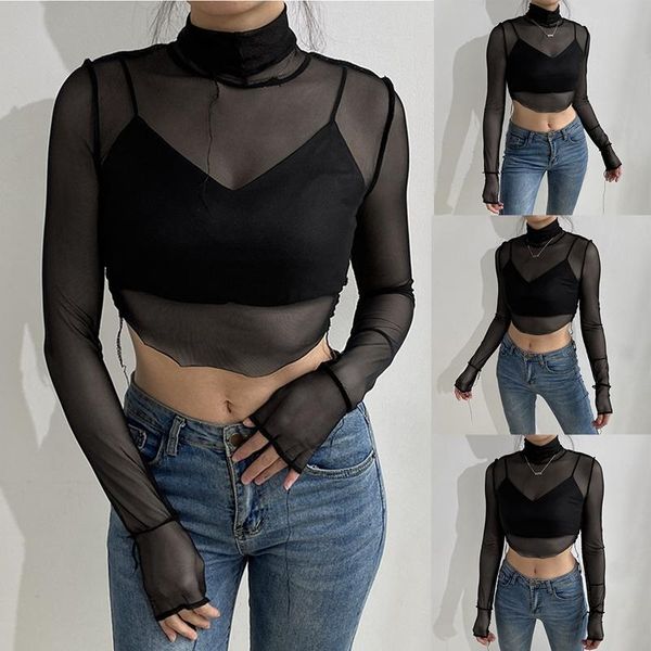 

women's t-shirt fashion mesh perspective anti-car high neck short long sleeve black, White