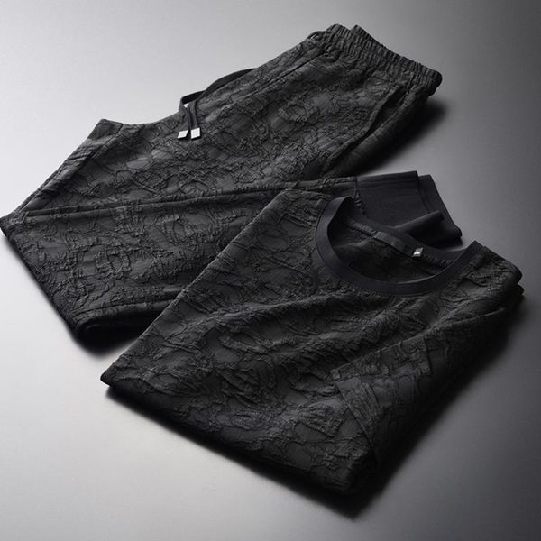 

men's tracksuits classic mans sets (t-shirts+pants ) luxury wrinkle fabric round collar short sleeve mens summer elastic waist male, Gray