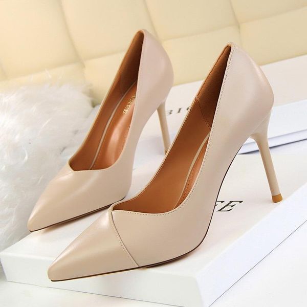 

women shoes pointed toe pumps leather dress fine heel high shallow spring 9cm thin heels boat, Black