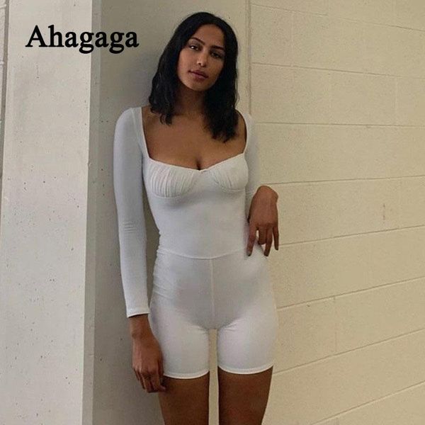 

ahagaga 2021 rompers women jumpsuits playsuits long sleeve solid bodycon square collar skinny streetwear women's &, Black;white