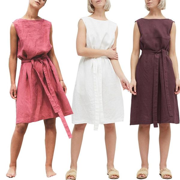 

casual dresses for women cotton linen a-line knee-length backness lace up summer dress, Black;gray
