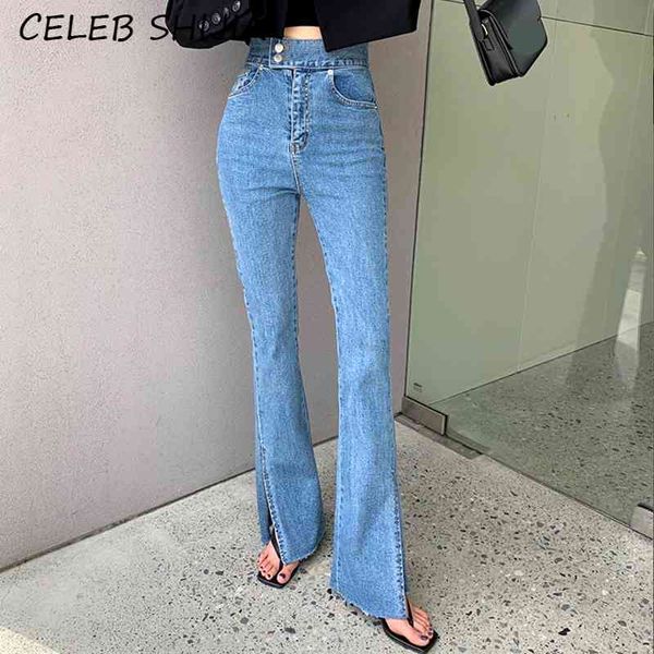 Moda split bootleg jeans para mulher cintura alta elástica jeans coreano calças feminino feminino pants largamente pants mulher azul inferior 210616