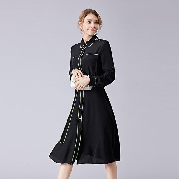 

casual dresses silk women natural 2021 spring summer black chiffon shirt dress elegant slim plus size fashion, Black;gray