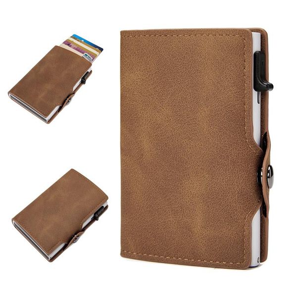 

card holders yambuto 2021 design men's business rfid retro style horse leather aluminum alloy side push bag wallet holder purse box, Brown;gray