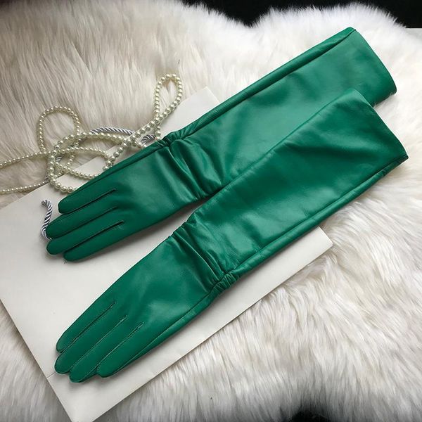 

five fingers gloves female long genuine leather gloves,100% sheepskin women' gloves,green winter real cold protection, Blue;gray
