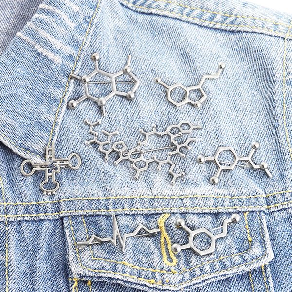 

european chemical molecule series brooches pins geometric alloy hollow out clothes badges accessories for chemist wear paint backpack sweate, Gray