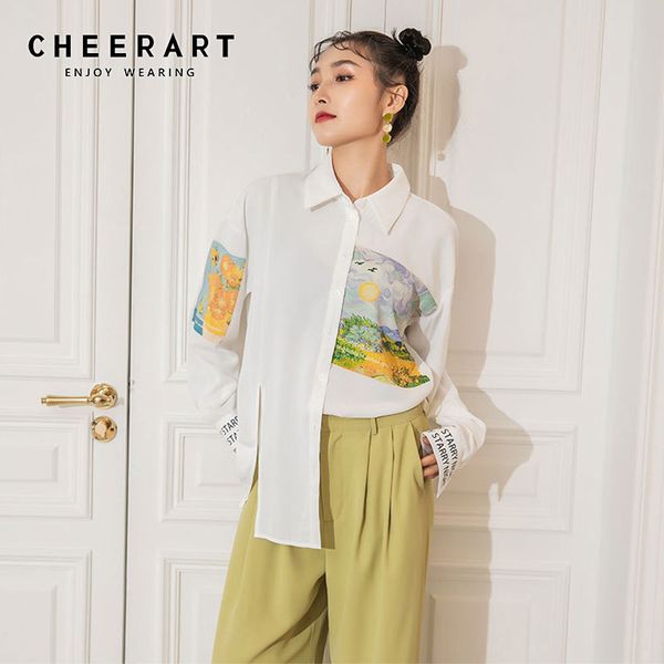 

autumn oil painting long sleeve blouse women white button up collar oversized shirt designer fashion 210427
