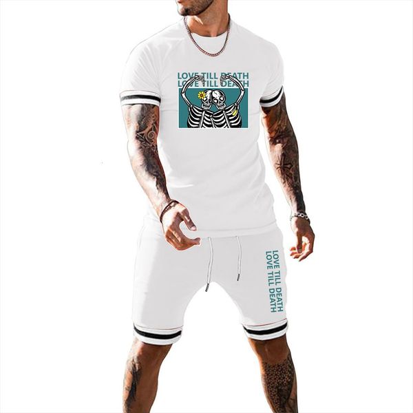 

love till death summer casual mens tracksuits running short sleeve t shirt sports hip hop street skeleton code 2 piece, Gray