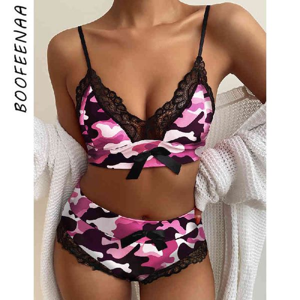 BOOFEENAA Pantaloncini del pigiama Imposta Leopard Camouflage Stampa Fiocco Pizzo Sexy Cute Lingerie Donna Sleepwear Set due pezzi C34-BD13 X0526