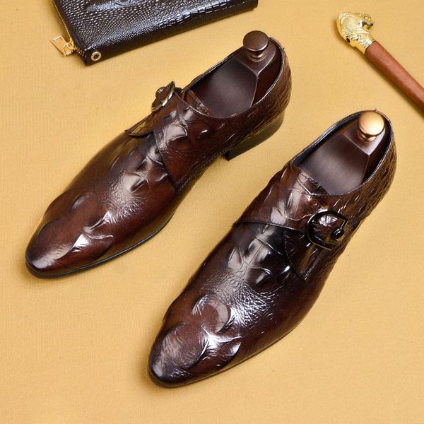 

dress shoes fashion buckle strap genuine leather men crocodile wedding office formal party for a47, Black