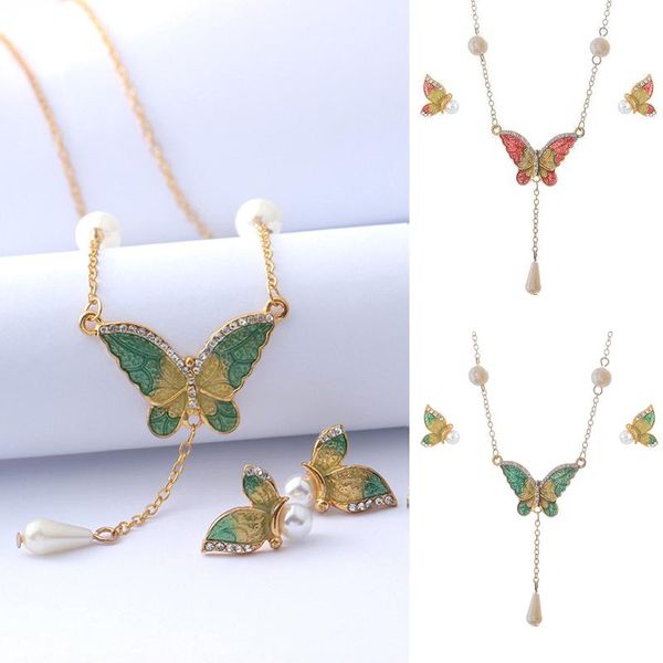 

earrings & necklace imitation pearl set butterfly pendant ladies colorful jewelry, Silver