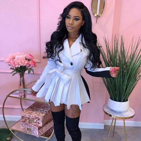 

white blazer autumn winter women dresses long sleeve a line short pleated mini with belt night club party, Black;gray