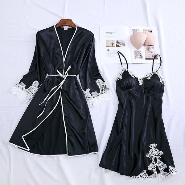 

black women rayon night robe strap pajamas summer two piece sleepwear sets casual home wear nightwear sleep kimono bath gown, Black;red