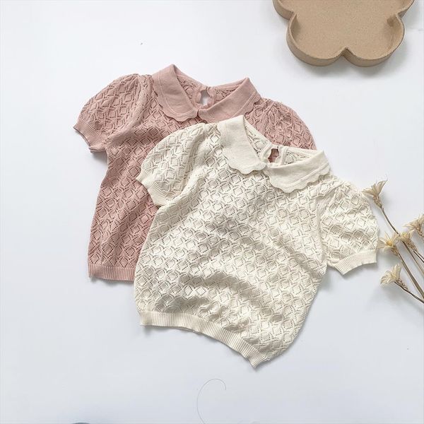 

beautiful kids girl knitted t shirt summer autumn children brand design peter pan collar cute toddler hollow out, Blue