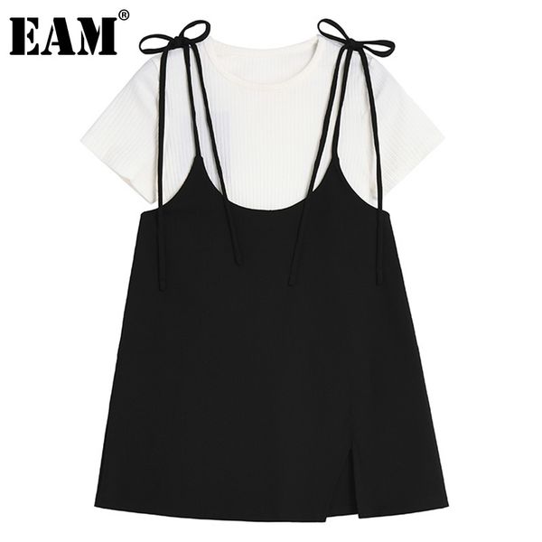 

[eam] suspender dress two pieces suit round neck short sleeve knitting t-shirt loose women fashion spring summer 1dd8370 21512, White