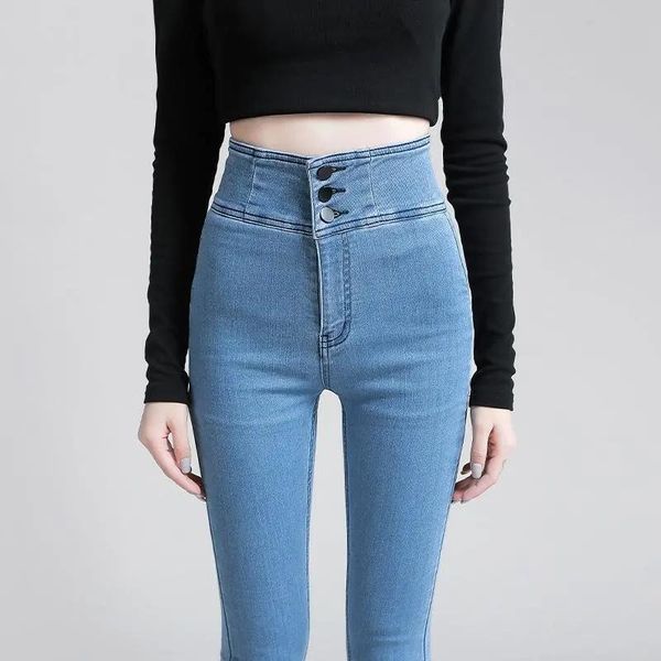 

women's jeans spring skinny women high-waisted long retro fashion street leggings stretch pencil pants oversized, Blue