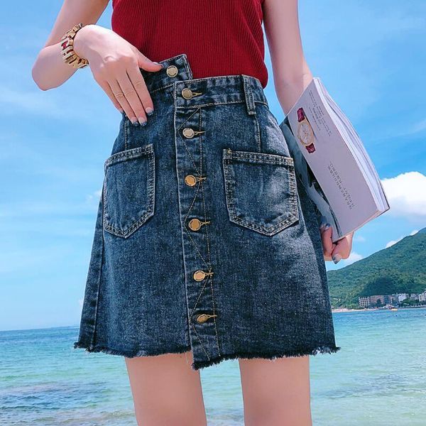 

skirts women 2021 spring summer high waist denim female buttons pockets jeans skirt ladies fashion elegant jupe femme f356, Black