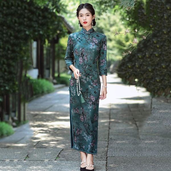 

ethnic clothing print flower elegant cheongsam women satin chinese style dress gown mandarin collar sheath qipao vintage button vestido, Red