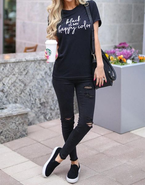 

women's t-shirt women black is my happy color tee letters crew neck graphics slogan floral soft casual funny hipster summer, White